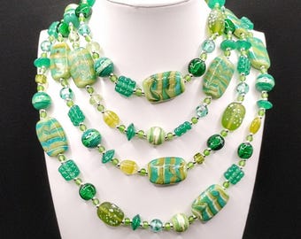 Lime Emerald Green Necklace: Single Strand, Glass Beads, Chunky Statement, Wrap, Long Boho Jewellery