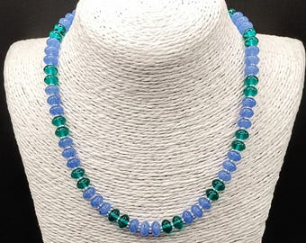 Teal Blue Beaded Necklace: Glass Czech Beads, Bohemian Nautical Jewellery, Candy Rondelle Beads, Adjustable