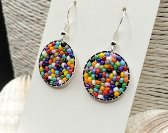 Seed Bead Multicoloured Circle Earrings: Glass Beaded Round Statement Rainbow Handwoven
