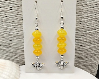 Pendientes de abeja color miel: Cuentas de vidrio redondas, insecto, fauna silvestre, ganchos de plata 925.