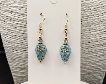 Blue Owl Earrings: Gold Accent Glass Beads, Hypoallergenic Hooks, Bohiemian Jewellery, Light Boho Bird