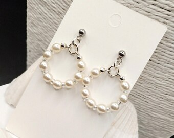 White Cream Earrings: Faux Pearl Small Hoop Silver Plated Studs, Wedding Jewellery, Christening, Neutral