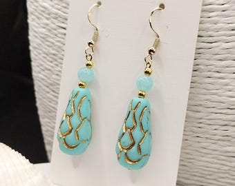 Teal Dragon Scale Earrings: Boho Czech Glass Turquoise Gold Teardrop Beads, Hypoallergenic Hooks, Dangle