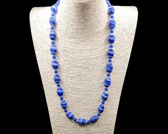 Royal Blue Beaded Necklace: Long, Toggle Clasp, Ceramic Swirl Coated beads, Nautical Bohemian