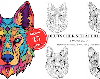 15 pages coloring book German Shepherd / coloring pages to print / mandala / coloring pages for adults and children / digital download