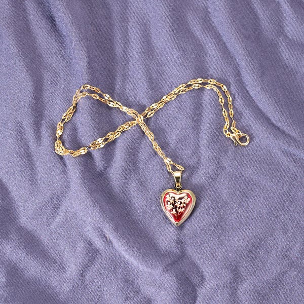 Romantic Red and Gold Heart Locket Necklace: Handcrafted Cottagecore Flower Jewelry