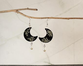 Gothic Crescent Moon Earrings: Dark Academia Pearl Drop Earrings