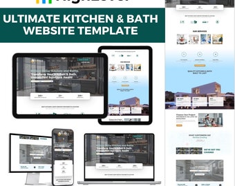 May include: A website template for kitchen and bath businesses. The template features a modern design with images of kitchens and bathrooms. The text on the website says "Million Dollar Kitchen and Baths. Transform Your Kitchen & Bath. Unmatched Solutions Await!" and "Very Easy to Customize".