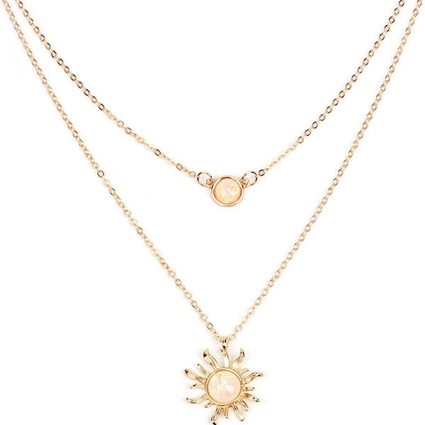 Dainty Sun Moon Opal Layered Pendant Necklace - Perfect Gift for Women and Teen Girls!"