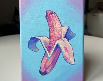 Pintura única hecha a mano de acrílico sobre lienzo, funky y colorido pop art pinky banana, 18cmx13cm, bordes hechos