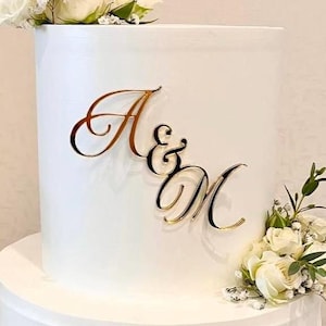 Iniciales para tarta de boda, placa con nombre para tarta con iniciales de pareja, adorno para tarta de acrílico dorado espejado, adorno para tarta de boda