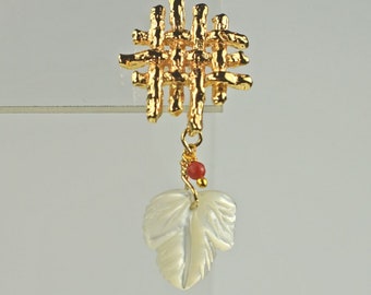 Woven Gold Stud Earrings with Mother of Pearl Leaves and Red Coral Charms