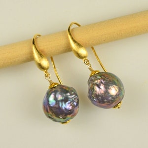 Black Kasumi-Like Baroque Pearls With Gold Dangle Earrings