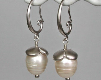 Baroque Pearl Earrings Silver Flower Caps Baroque Pearl Jewelry