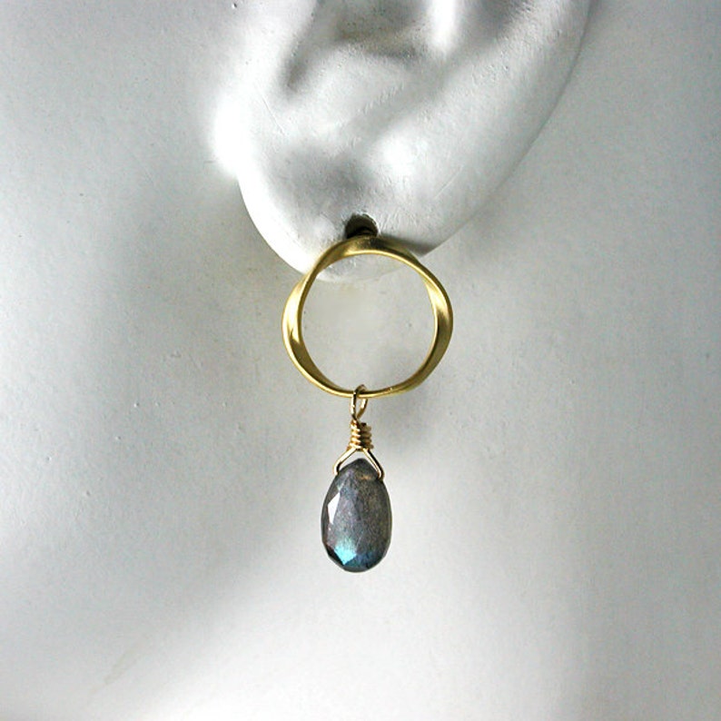 Labradorite Gold Twisted Circle Earrings image 2