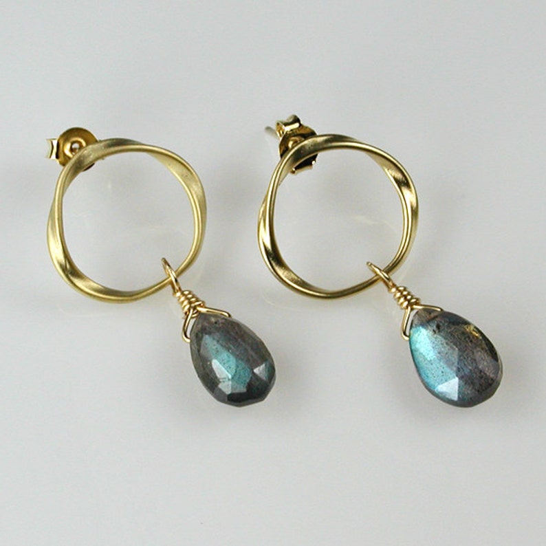 Labradorite Gold Twisted Circle Earrings image 1