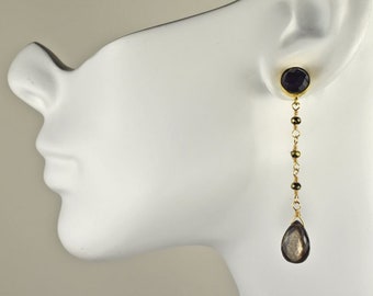 Shades of Black Gemstones, Golden Pyrite and Gold Dangle Earrings Black Onyx Black Moonstone