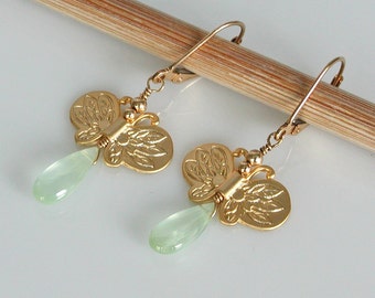 Gold Butterfly Earrings with Green Phrenite