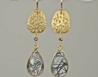 Rutilated Quartz and Gold Lotus Dangle Statement Earrings