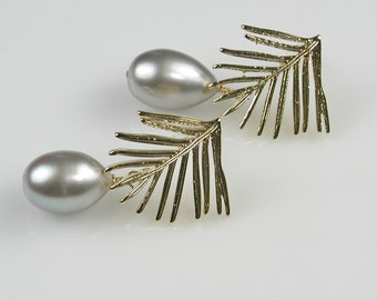 Silver Baroque Pearls with Gold Pine Needles Earrings