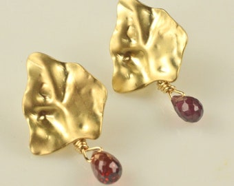 Garnet and Rumpled Gold Post Earrings Almandite Garnet