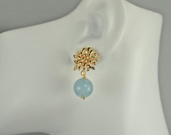 Aquamarine with Woven Gold Stud Earrings - Natural Milky Aquamarine