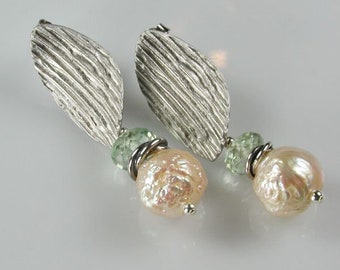 Baroque Pearl and Green Amethyst and Silver Ripple Drop Earrings Prasiolite