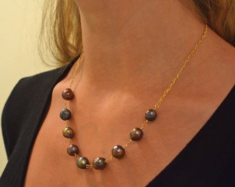 Black Baroque Pearls Gold Kasumi-like Baroque Pearl Station Necklace Adjustable