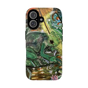 May include: A phone case featuring a watercolor painting of a green frog on a lily pad under a yellow umbrella. The artwork includes water lilies and a pond scene, with a focus on the frog and its environment. The case has a glossy finish.