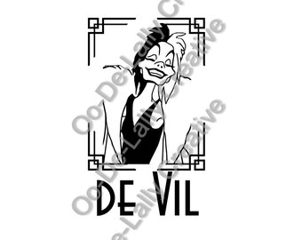 May include: Black and white illustration of Cruella De Vil from Disney's 101 Dalmatians. She is wearing a black and white dress and has a mischievous expression on her face. The text "DE VIL" is below the image.