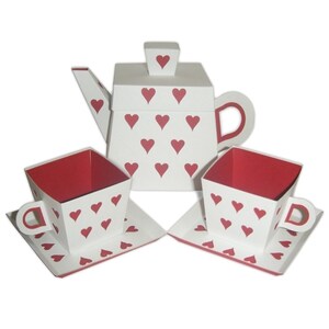 Ensemble théière coeur et petites tasses avec soucoupes modèles couleur imprimables PDF numérique (couleurs personnalisées disponibles)