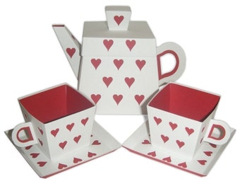 Heart Teapot and Small Teacups with Saucers Set Printable Color Templates Digital PDF (custom colors available)