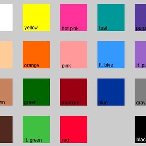 May include: A color chart with 16 different colors, including white, yellow, hot pink, teal, purple, cream, orange, pink, light blue, light purple, light brown, green, maroon, blue, gray, brown, light green, and red. The chart also includes the word "black" in a black square.