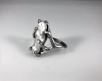 Silver Abstract Long Pearl Ring