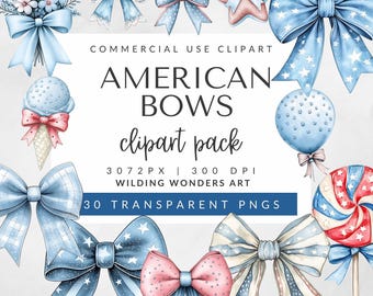 American Bows Clipart Pack for Commercial Use, Patriotic Coquette Bow, Blue Gingham Bow, Red White Blue, Independence Day, DIGITAL DOWNLOAD
