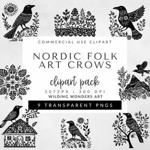 Pacchetto di clipart di corvi di arte popolare nordica per uso commerciale, PNG scandinavo, uccello di arte popolare, sagoma di corvo, immagine in bianco e nero, motivo di corvo