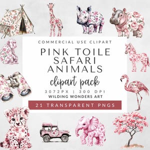 Roze toile-safaridieren clipartpakket voor commercieel gebruik, Safari Toile De Jouy, Jungle Safari Animal, Chinoiserie-illustraties, Boy Girl Shower