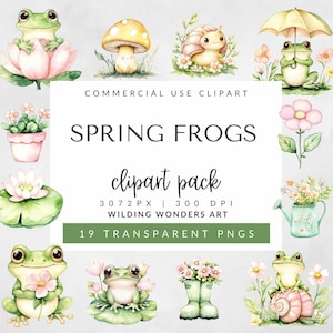 Pack de cliparts grenouilles printanières pour un usage commercial, aquarelle grenouille, clipart grenouilles mignonnes, grenouilles florales, clipart étang, grenouille avec fleurs