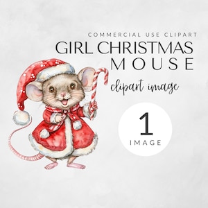 Watercolor Girl Santa Christmas Mouse Clipart for Commercial Use, Cute Mouse Illustration, Transparent PNG, Festive Holiday Decor, Christmas