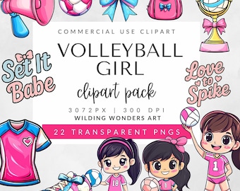 Volleyball Girl Clipart Pack for Commercial Use, Sports Birthday Graphic, Team Mom Designs, Kid Athlete, Kawaii PNG Bundle, DIGITAL DOWNLOAD