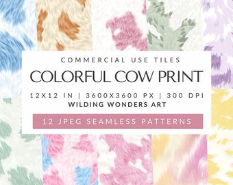Colorful Cow Print Seamless Pattern Tiles Pack for Commercial Use, Pastel Cow Print, Cute Cowhide Background, Animal Print, DIGITAL DOWNLOAD