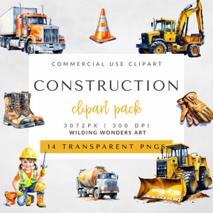 Bouw aquarel clipartpakket, bouwvoertuigen png, commercieel gebruik, kinderfeestje, graafmachine, bulldozer, dumper, veiligheidshelm