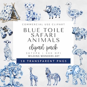 Blue Toile Safari Animals Clipart Pack for Commercial Use, Safari Toile De Jouy, Jungle Safari Animal, Chinoiserie Clip Art, Boy Baby Shower