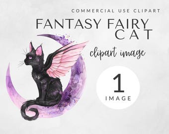 Fantasy Fairy Halloween Cat Clipart for Commercial Use, Halloween Cat PNG, Black Cat Clipart, Halloween Watercolor, Spooky Cat PNG,