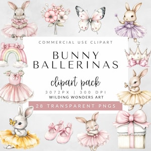 Watercolor Ballerina Bunny Clipart Pack, Ballet Bunnies in Tutus, Cute Nursery Digital Clipart, Baby Shower, Ballet Dance PNG