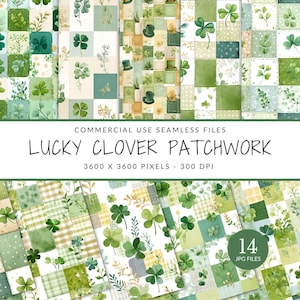 Pack de motifs sans couture patchwork trèfle porte-bonheur à usage commercial, papier numérique pour la Saint-Patrick, arrière-plans trèfle (téléchargement numérique)