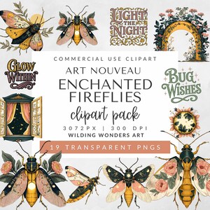 Art Nouveau Enchanted Fireflies Clipart Pack for Commercial Use, Watercolor Lightning Bug PNGs, Vintage Firefly Clipart, DIGITAL DOWNLOAD