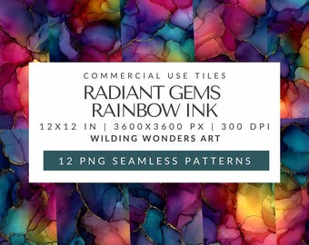 商業利用向け Radiant Gem Rainbow Ink シームレスパターンパック、レインボーアルコールインク、スクラップブッキング用紙、POD背景、デジタルダウンロード