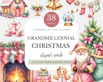 Grandmillennial Christmas Clipart Pack for Commercial Use, Preppy Holiday Watercolor, Coquette Vintage Christmas PNG (Digital Download)