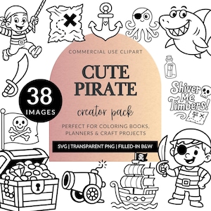 Pacote de imagens de piratas fofos em preto e branco para uso comercial, navio pirata, menino e menina piratas em PNG, mapa do tesouro, página para colorir, DOWNLOAD DIGITAL